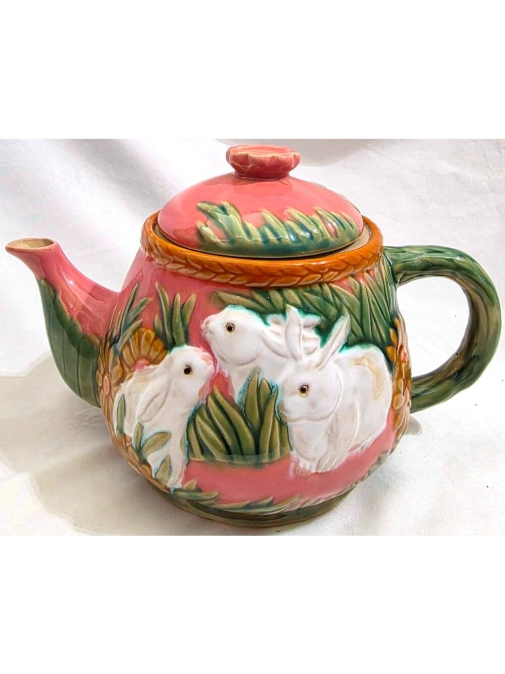 Henriksen BUNNY RABBITS TEAPOT coffee tea pot majolica mauve glaze clay pottery